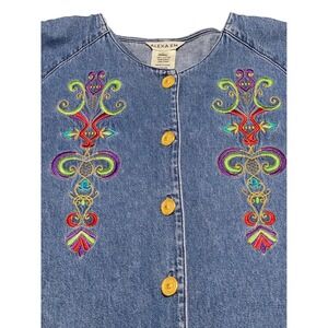 ALEXA EM Womens Denim Shirt Blue Embroidered Button Front Long Sleeve Size L